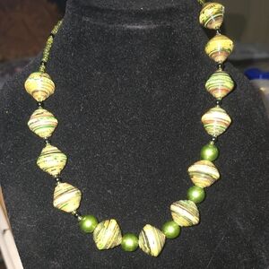 Handcrafted Green Bead Statement Necklace Earring Set - Women’s Fashion Jewelry